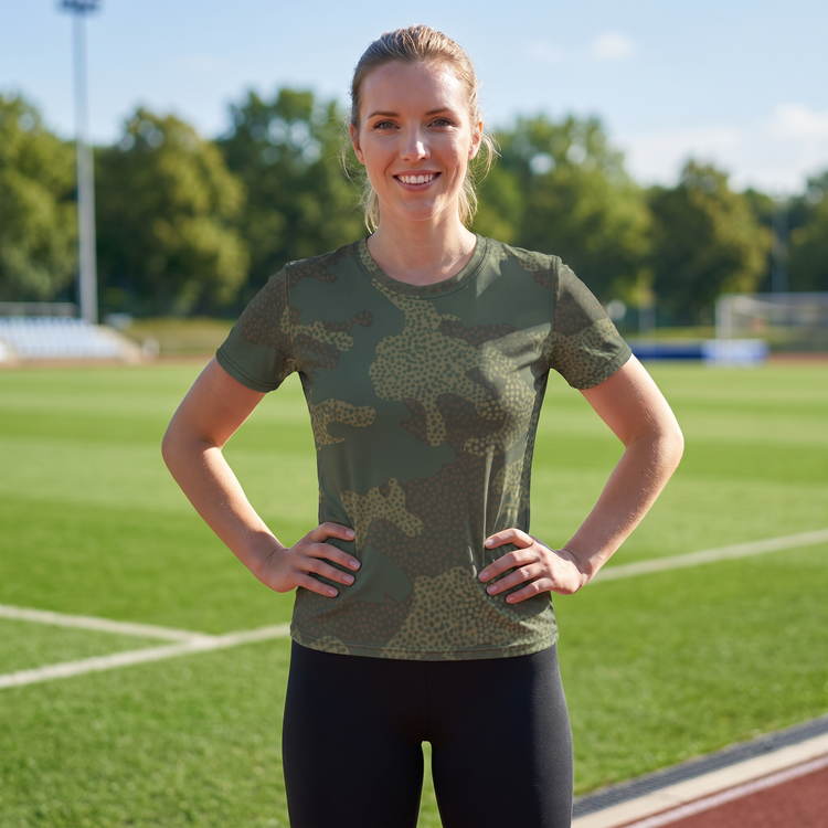Damen Sportshirt von BUYATHOME24 mit Vier-Wege-Stretch Jersey, in XS bis 2XL, zeigt sportlichen Schnitt und elastisches Material.