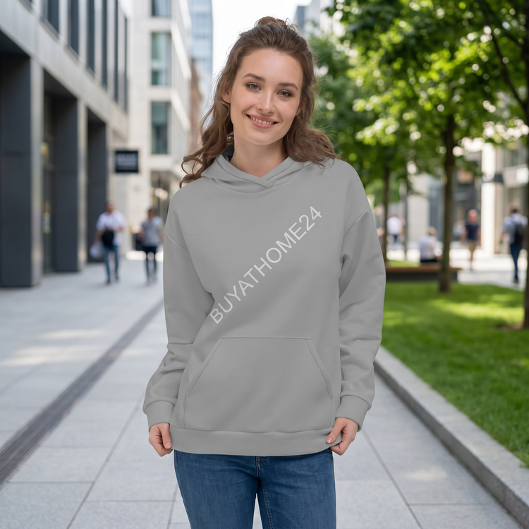 Hellgrauer Unisex Hoodie mit Allover-Print, kuscheliger Kapuzenpullover in XS bis 3XL, bequemes Design von BUYATHOME24