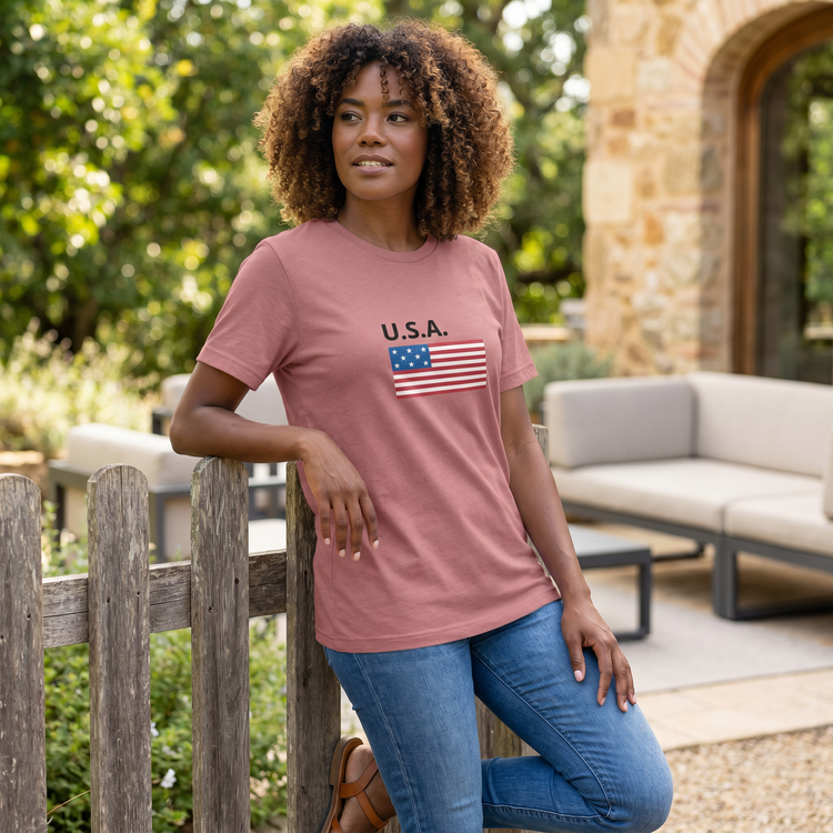 Damen T-Shirt mit USA-Flagge Grafik aus Baumwolle, rundhals, bedruckbar, in S bis 3XL, von BUYATHOME24