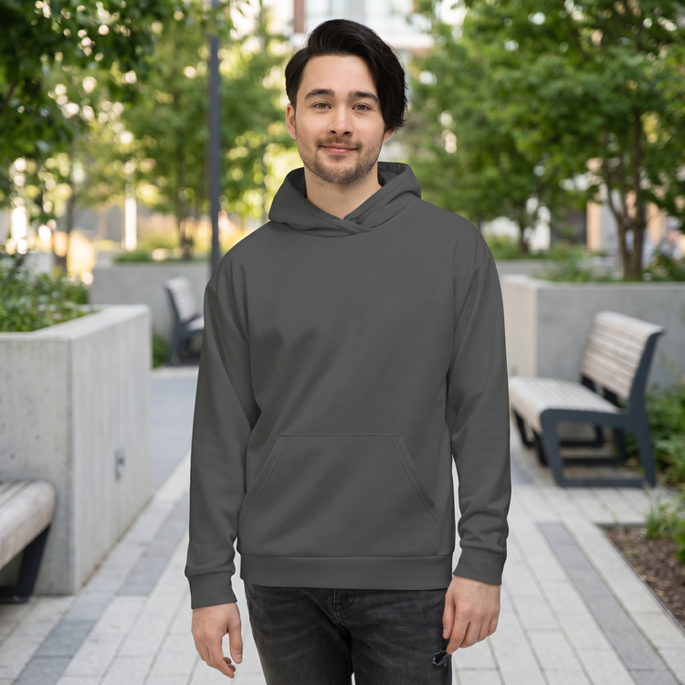 Dunkelgrauer Unisex Hoodie mit Allover-Print, Kapuzenpullover aus Baumwolle, Größen XS bis 3XL, von BUYATHOME24