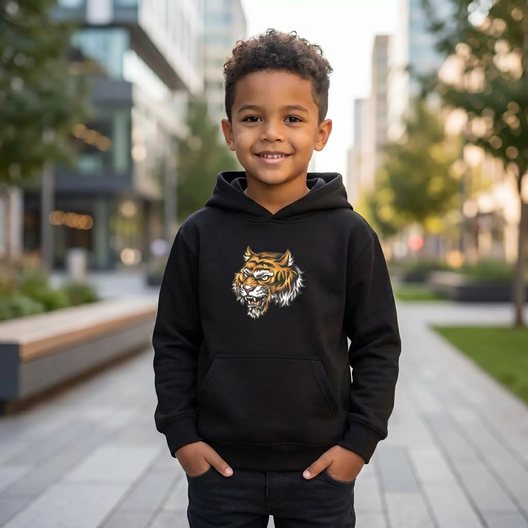 Grauer Halloween-Tiger-Hoodie für Kinder, unisex Kapuzenpullover mit Tiger-Grafik für Jungen und Mädchen 4-12 Jahre