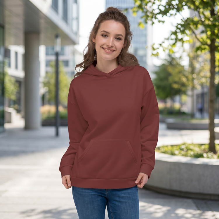 Dunkelroter Unisex Hoodie mit Allover-Print, Kurzarm, bequemes Kapuzenpullover in XS bis 3XL, modischer Allover-Look.