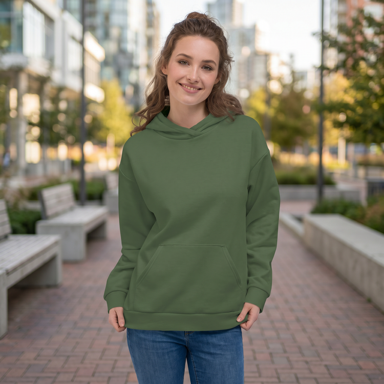 Grüner Unisex Hoodie mit Allover-Print, langlebiger Baumwollstoff, bequemer Schnitt, in XS bis 3XL, modisches Design.