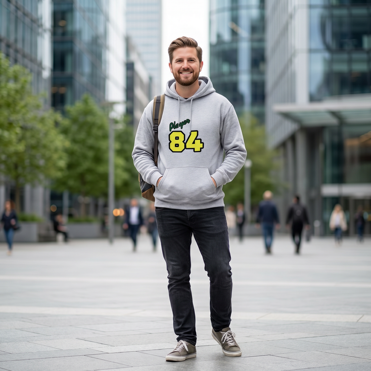 Grauer unisex Grafik Kapuzenpullover mit Player 84 Design aus Baumwolle, für Herren und Damen, in S-5XL.