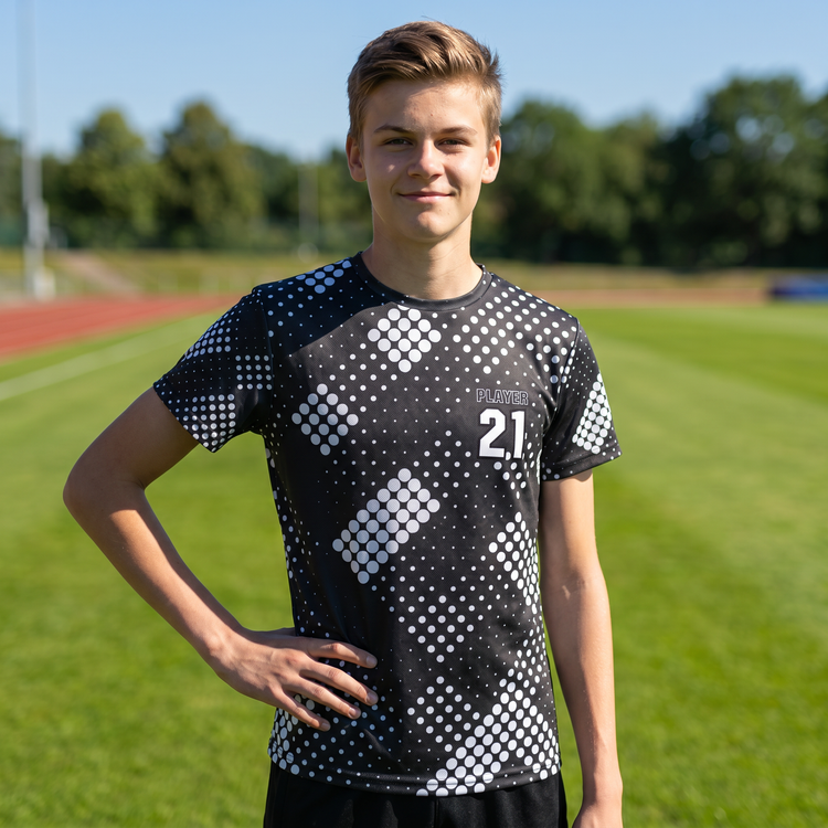 Unisex Kinder Fußball Sportshirt von BUYATHOME24, grün, mit Fußballmuster, für Kinder 134-170 cm, bequemes T-Shirt für sportliche Aktivitäten