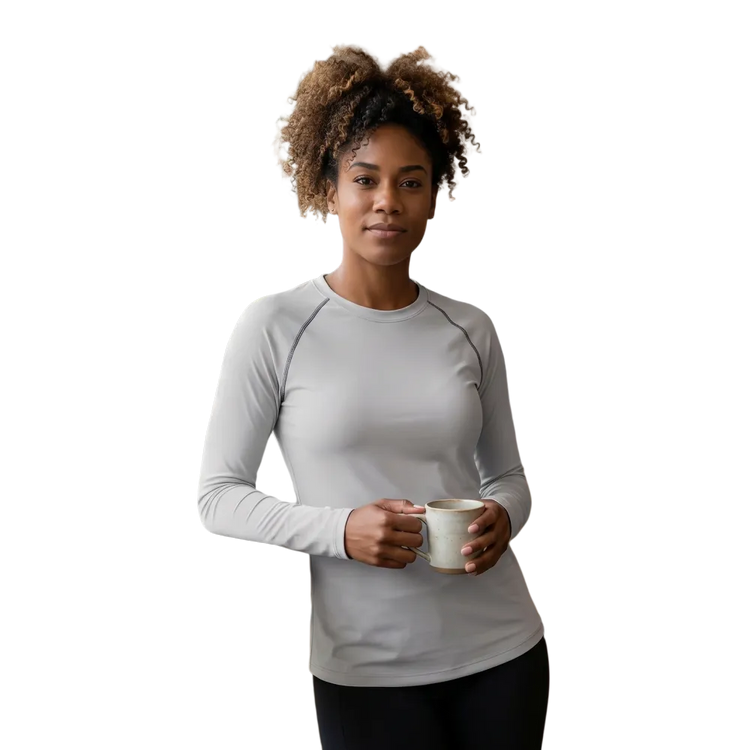 Damen Langarm-Sportshirt von BUYATHOME24, Athleisure, mit Vier-Wege-Stretch, in XS bis 3XL, bequemes Sportshirt aus Stretchstoff.