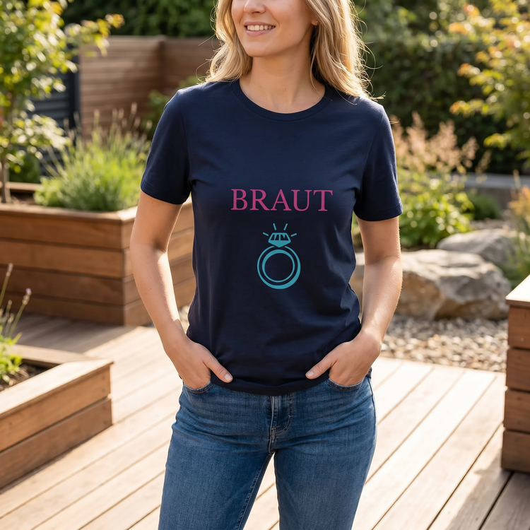 Rundes Damen-Hochzeit Grafik T-Shirt in S-3XL, limitierte Kollektion, weiße Baumwolle mit Hochzeitsmotiv von BUYATHOME24