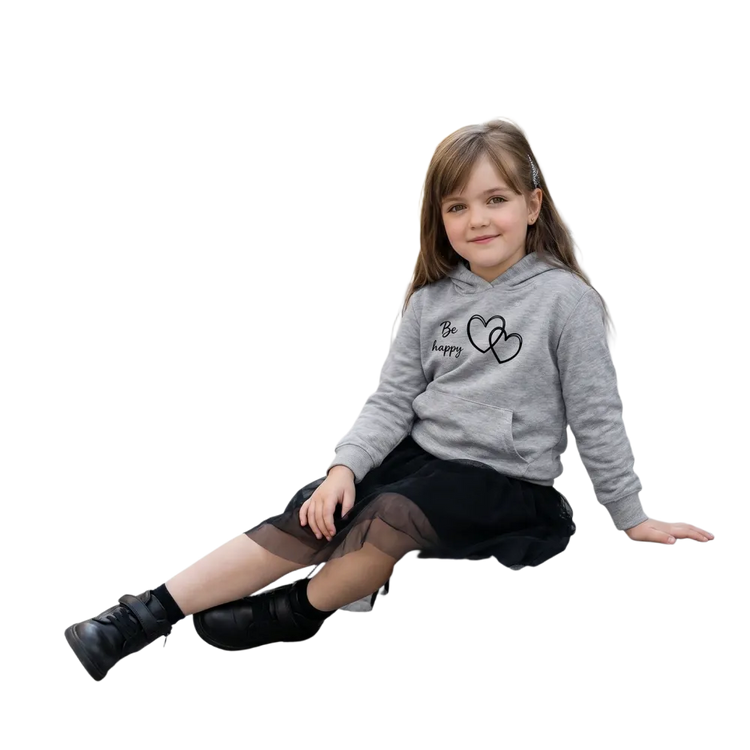 Grafik Mädchen Hoodie aus Baumwolle mit doppelter Kapuze für Kinder von 4-12 Jahren, fröhliches Be Happy Design von BUYATHOME24