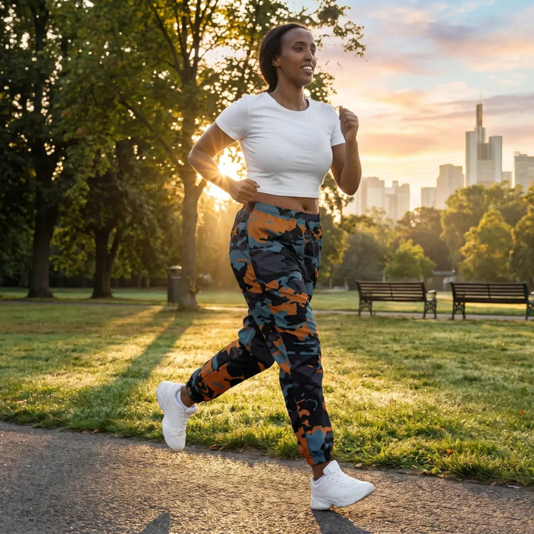 Unisex Camouflage Trainingshose in Blau, wasserabweisend, Polyester, Größen XS bis 3XL, bequem und sportlich.