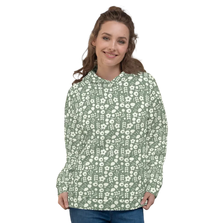 Damen Hoodie mit Blumenmuster und Allover-Print von BUYATHOME24, Unisex Kapuzenpullover in XS-3XL, zeigt florales Design