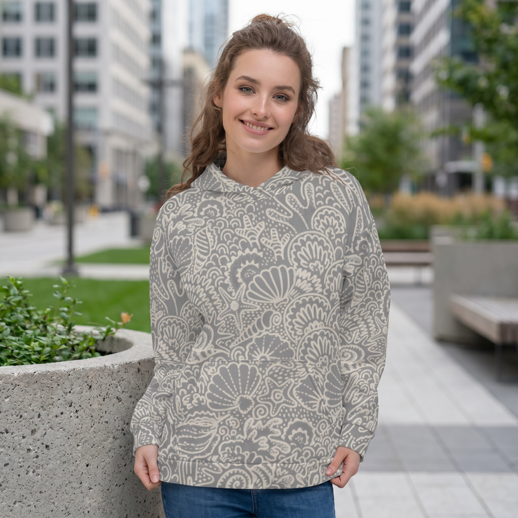 Damen Hoodie mit Muschelmuster und Rückenprint, BUYATHOME24, entspannte Passform in XS bis 3XL, bequemer Kapuzenpullover