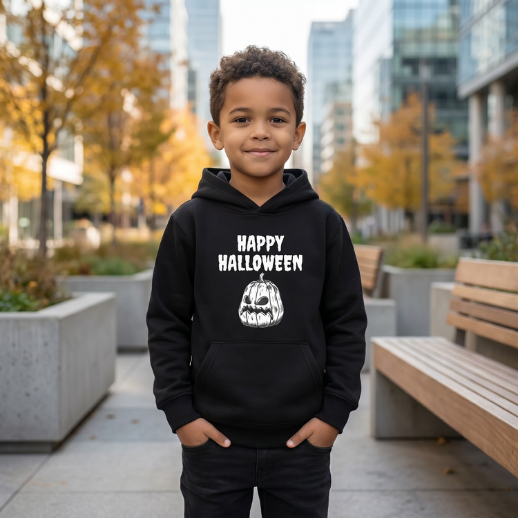 Grauer Kinder-Hoodie mit gruseligem Halloween-Motiv, unisex, für Kinder von 4 bis 12 Jahren, mit Kapuze und langen Ärmeln.