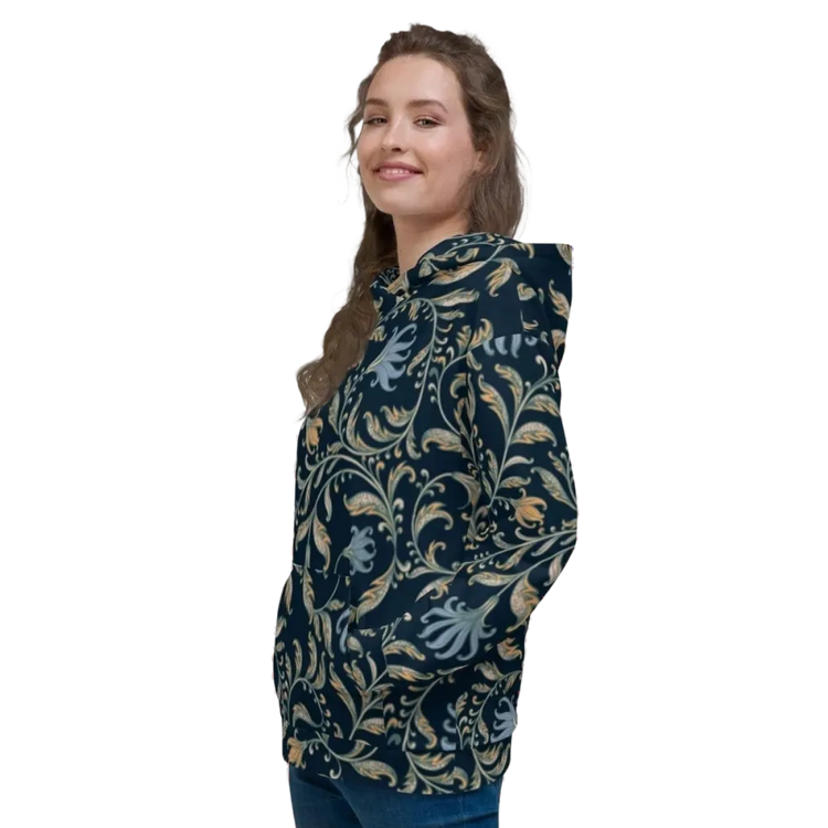 Damen Hoodie mit Blumenmuster und Allover-Print, unisex Kapuzenpullover in XS bis 3XL, von BUYATHOME24, Textildruck.