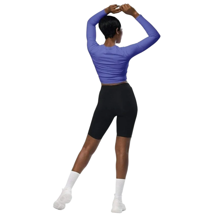 Damen Langarm Crop Top von BUYATHOME24, tailliert und bauchfrei, in 2XS-6XL, Textildruck auf schwarzem Stoff sichtbar
