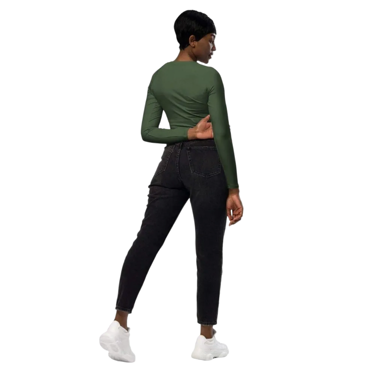 Damen Langarm Crop Top von BUYATHOME24, tailliert und bauchfrei, in 2XS-6XL, mit Textildruck, auf weißem Hintergrund.