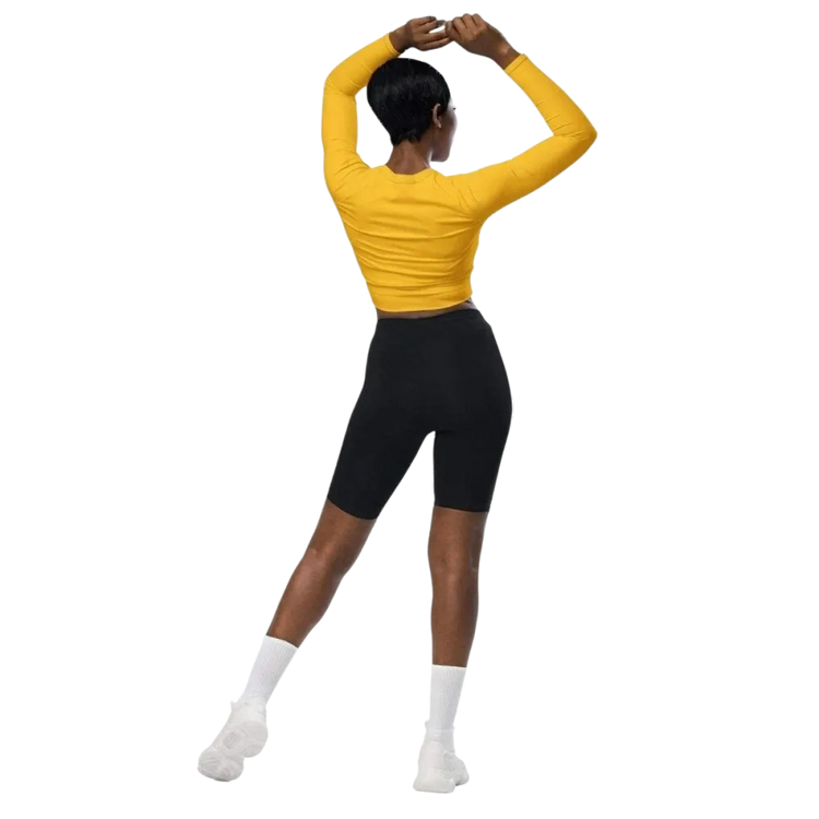 Damen Langarm Crop Top von BUYATHOME24, tailliertes Fitness-Shirt in 2XS-6XL, schwarz mit Textildruck, sportlich und bequem.