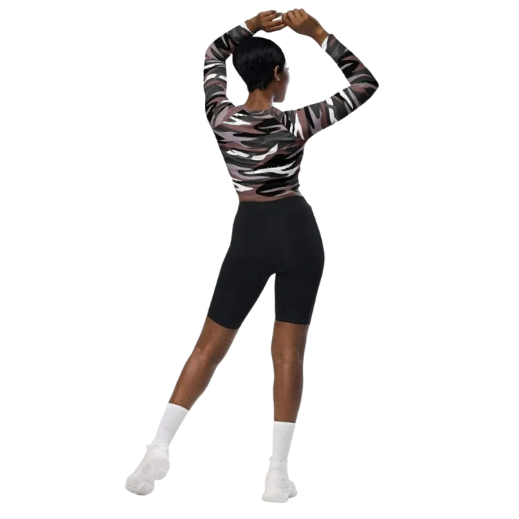 Damen Langarm Crop Top von BUYATHOME24, bauchfrei, elastischer Polyester-Elasthan, in 2XS bis 6XL, modisches Textildruck-Design