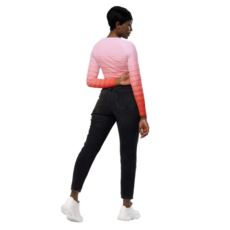Damen Langarm-Crop-Top von BUYATHOME24, tailliertes Sportshirt in 2XS-6XL, mit Textildruck, eng anliegend und sportlich.