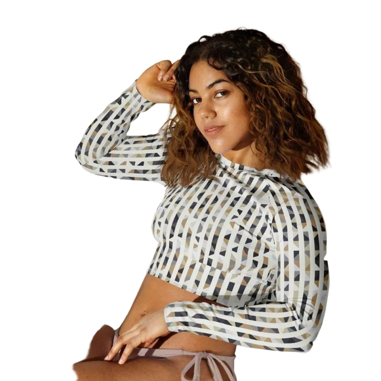 Damen Langarm Crop Top von BUYATHOME24, bauchfrei, elastisch, in 2XS-6XL, für Fitness und Freizeit, Textildruck, schwarze Farbe