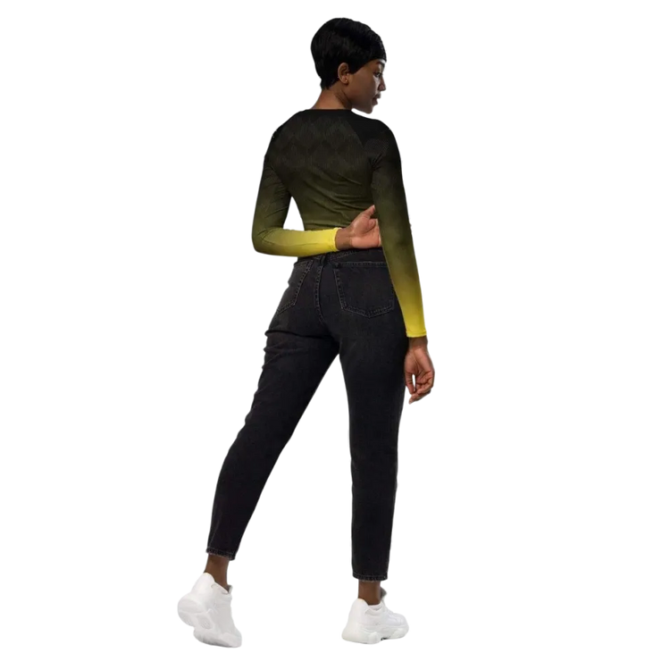 Damen Langarm Crop Top von BUYATHOME24, bauchfreier Trainingsshirt in 2XS bis 6XL, mit Textildruck, schwarz.