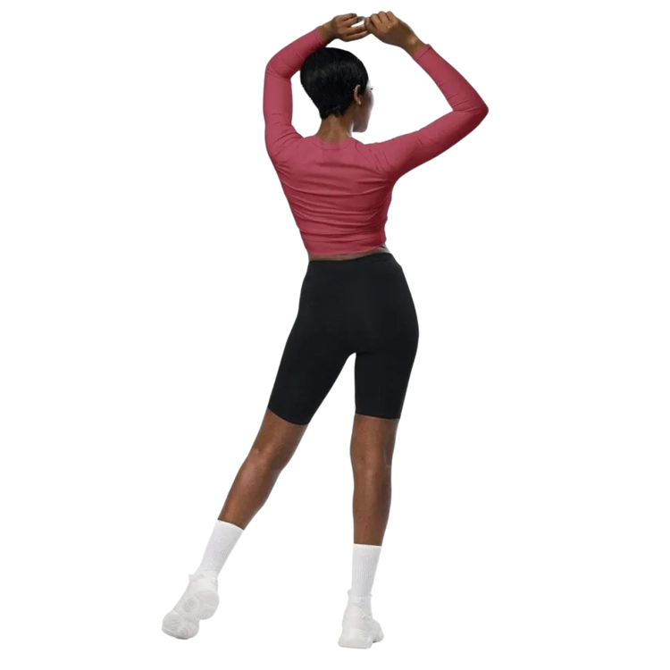 Damen Langarm Crop Top von BUYATHOME24 in 2XS-6XL, Bauchfrei, sportlich und bequem, mit Textildruck, auf weißem Hintergrund.