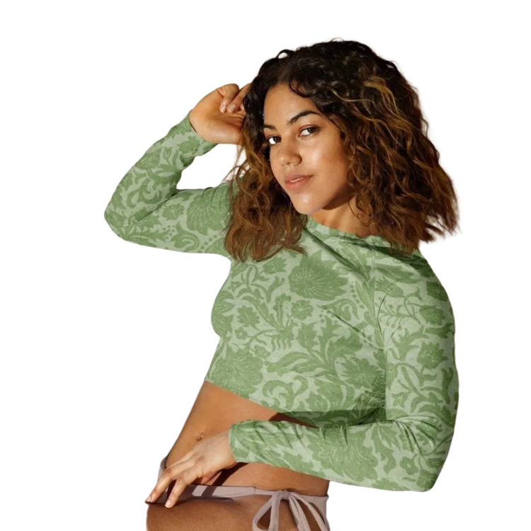 Damen Langarm Crop Top von BUYATHOME24, bauchfrei, langärmlig, in verschiedenen Größen, bequem und sportlich, Textildruck sichtbar