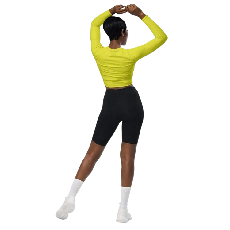 Damen Langarm Crop Top von BUYATHOME24, schnelltrocknend, in 2XS-6XL, mit personalisierbarem Textildruck auf weißem Hintergrund.