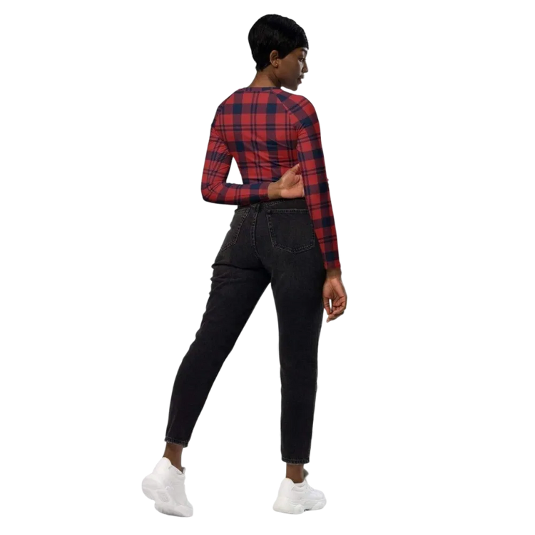 Damen Langarm Crop Top von BUYATHOME24 mit Allover-Print, tailliert, bauchfrei, in 2XS-6XL, ideal für Training und Freizeit.