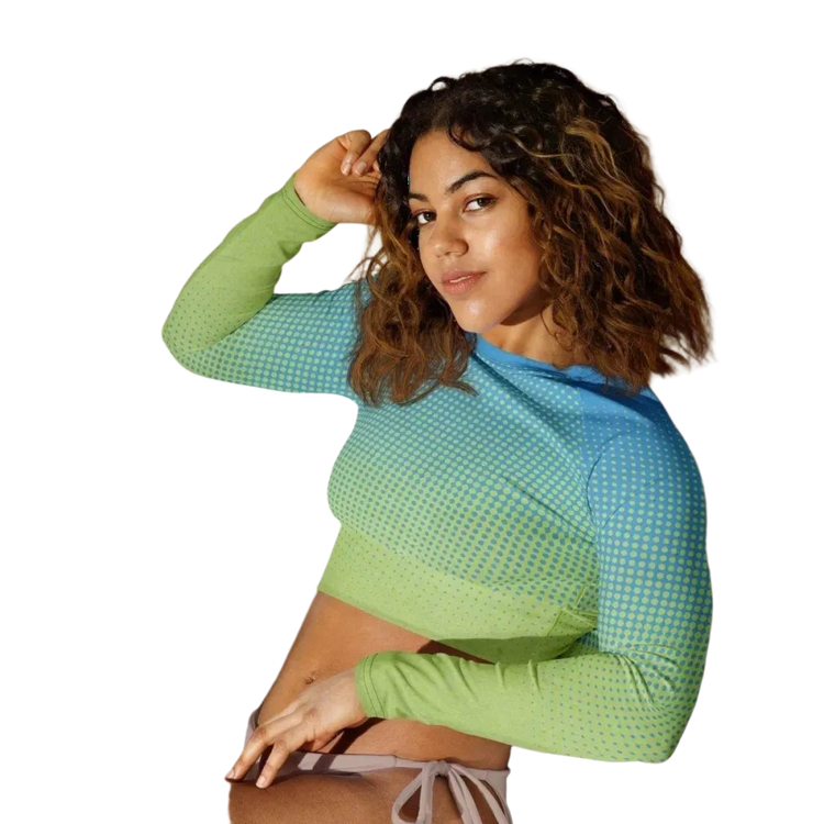 Damen Langarm Crop Top von BUYATHOME24, bequemes Fitness-Trainingstop in 2XS-6XL, mit Textildruck, aus weichem Material.