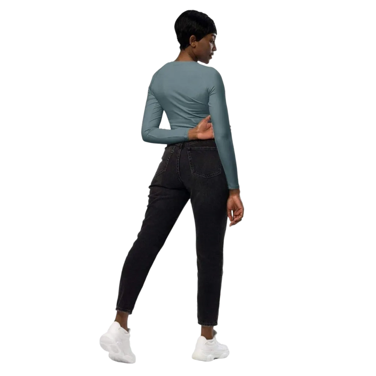 Damen Langarm Crop Top von BUYATHOME24, tailliert und bauchfrei, in 2XS-6XL, mit Textildruck, blickdichtes Design