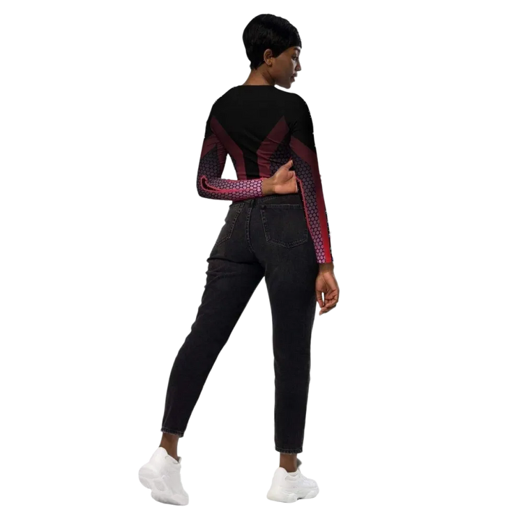Damen Langarm Crop Top von BUYATHOME24, tailliertes Trainingstop in 2XS-6XL, schwarzes Textildruckdesign, bequemer Fit