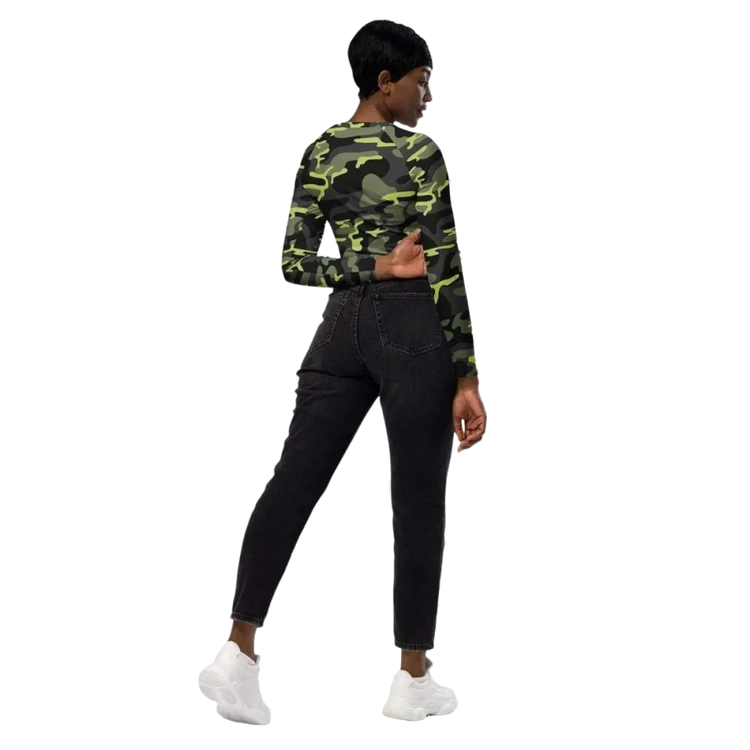 Damen Langarm Crop Top von BUYATHOME24, tailliert, in 2XS-6XL, mit Textildruck, ideal für Fitness und Freizeit.