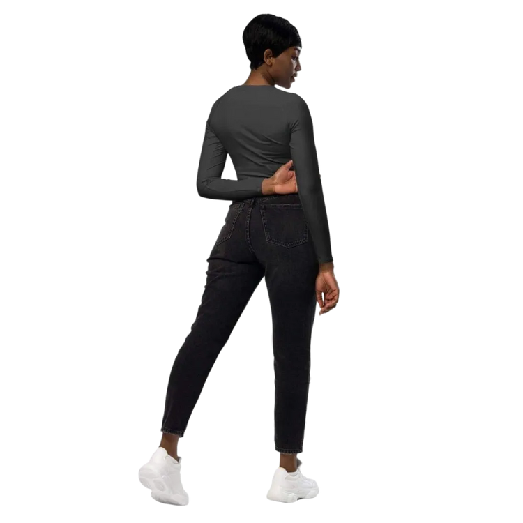 Damen Langarm Crop Top von BUYATHOME24, bauchfrei, schnell trocknend, in 2XS-6XL, auf Textildruck.