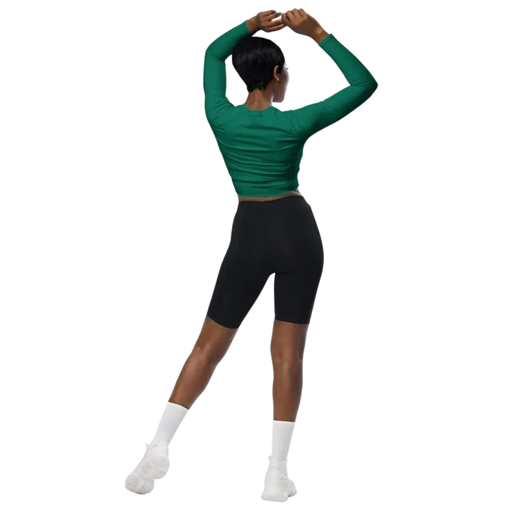 Damen Langarm Crop Top von BUYATHOME24 in 2XS-6XL, schnelltrocknend, bedruckbar, zeigt das textile Design und den lockeren Schnitt.