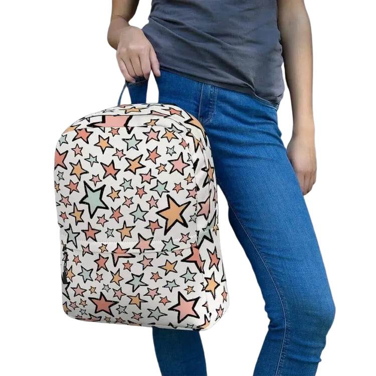 Wasserabweisender Damen-Laptop-Rucksack 15 Zoll von BUYATHOME24, 42x31x10cm mit Textildruck auf schwarzem Stoff