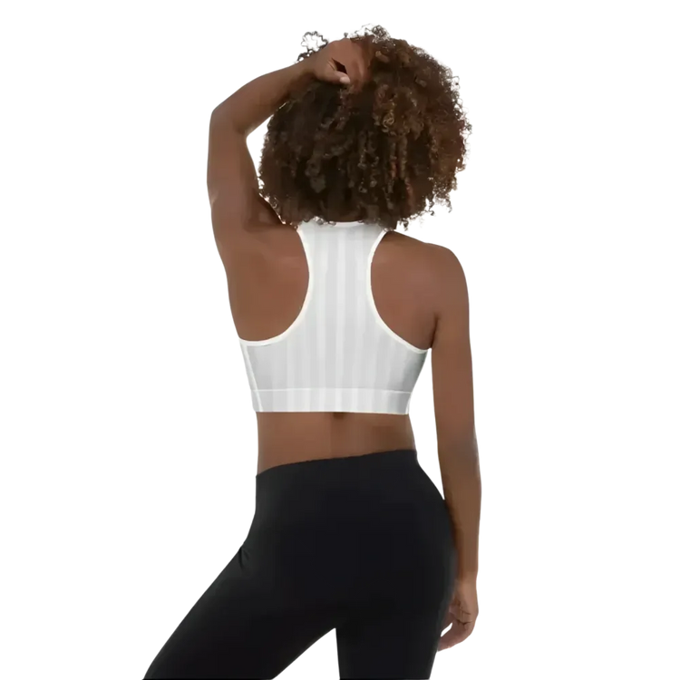 Damen Sport-BH mit Polstern, Racerback, atmungsaktiv, in XS bis 2XL, von BUYATHOME24, liegt flach auf weißem Hintergrund