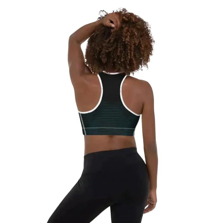 Damen Sport-BH mit Polstern, Vier-Wege-Stretch, in Größe XS bis 2XL, von BUYATHOME24, liegend auf weißem Hintergrund