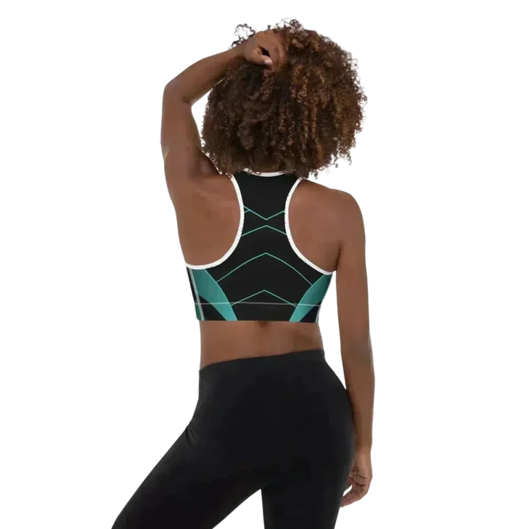 Gepolsterter Damen Sport BH von BUYATHOME24 in XS bis 2XL, mit bedruckbarem Textildruck, zeigt den sportlichen BH in Schwarz