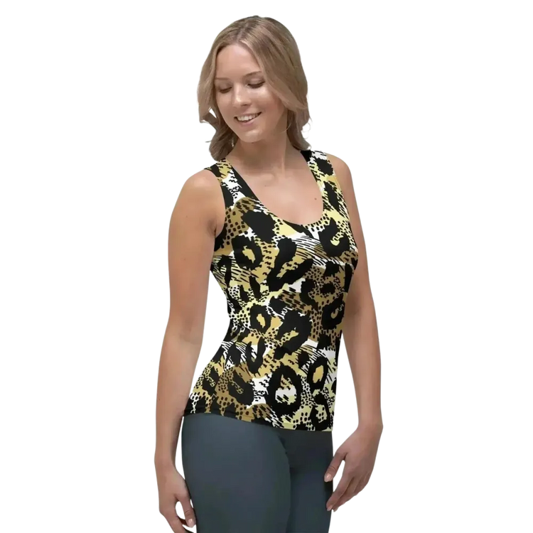 Damen Sport Tanktop mit Leopardmuster aus Mikrofaser, stretchbar, in XS bis XL, von BUYATHOME24, sportlich und bequem.