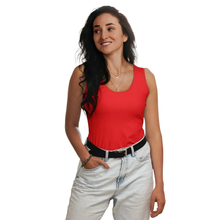 Damen Sport Tanktop in Rot von BUYATHOME24, aus Polyester, mit Vier-Wege-Stretch, in den Größen XS bis XL, sportlich und bequem.