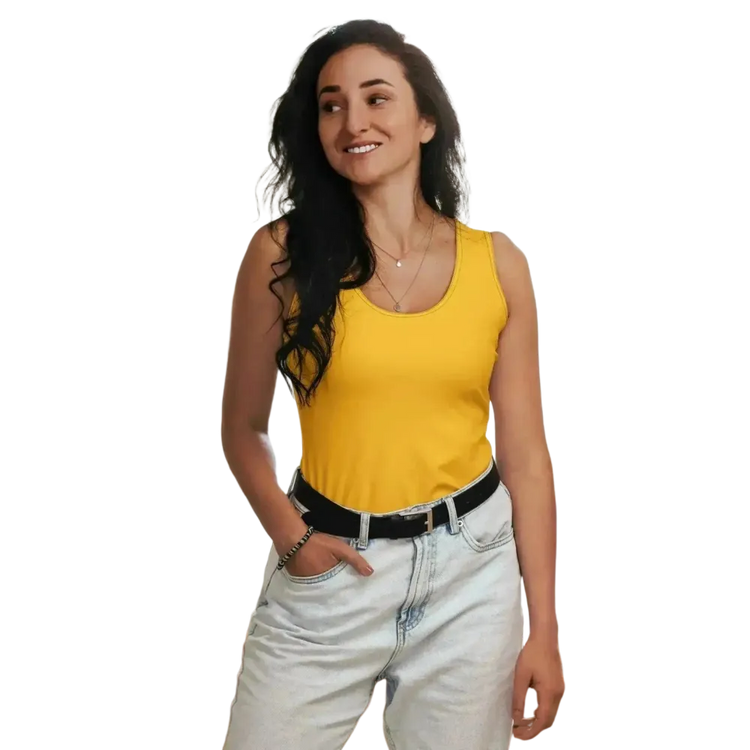 Damen Sport Tanktop von BUYATHOME24, atmungsaktiv, elastisch, in XS bis XL, weiches Polyester mit Textildruck, ideal für Sport.
