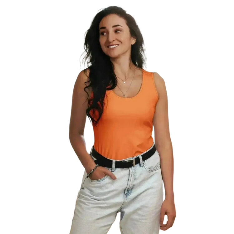 Damen Fitness Tanktop von BUYATHOME24, orange, mit Vier-Wege-Stretch, sportlich, bequem, in XS bis XL, aus Polyester