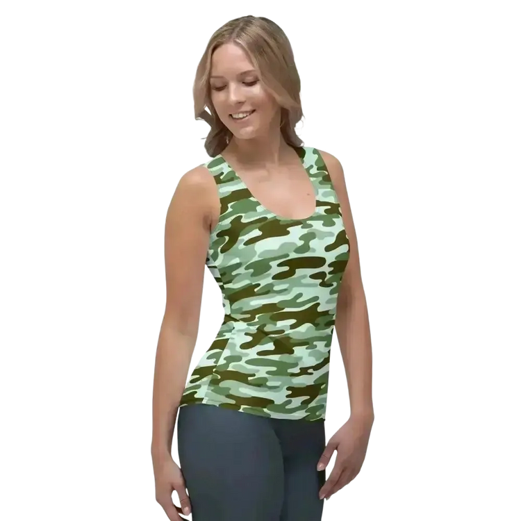 Damen Tanktop mit Camouflage-Muster aus Vier-Wege-Stretch, Sporttop in XS bis XL, von BUYATHOME24, ideal für sportliche Aktivitäten