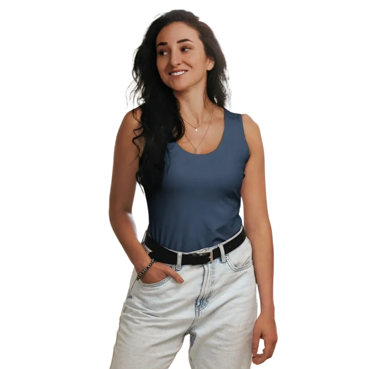 Damen Sport Tanktop in Blau von BUYATHOME24, atmungsaktiv, mit 4-Wege-Stretch, für Damen in XS bis XL, auf Textildruck.