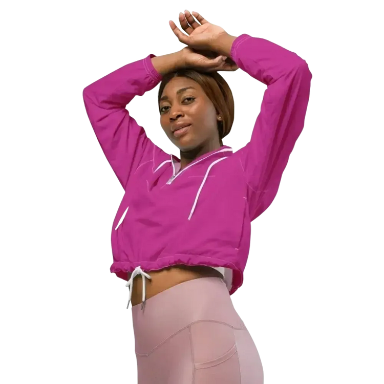 Damen Trainingsjacke von BUYATHOME24, atmungsaktiv und wasserdicht, in XS bis 2XL, Bauchfrei, Textildruck auf Vorderseite sichtbar.