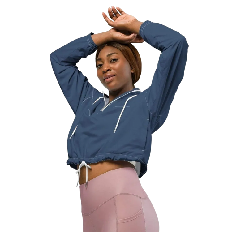 Damen Sportjacke Bauchfrei von BUYATHOME24, atmungsaktiv und wasserdicht, in XS bis 2XL, mit Textildruck, bequem und sportlich.