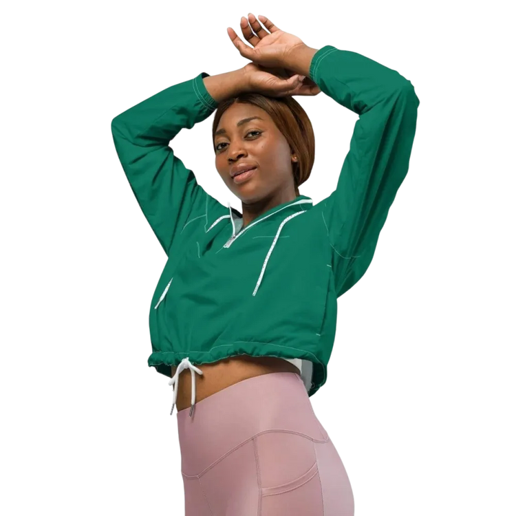 Damen Sportjacke Bauchfrei von BUYATHOME24, wasserdicht und atmungsaktiv, in XS bis 2XL, mit Textildruck, für sportliche Aktivitäten.