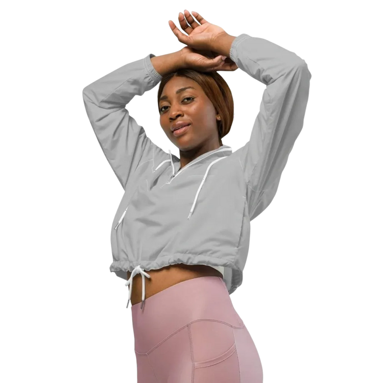 Damen Sportjacke Bauchfrei in XS-2XL von BUYATHOME24, atmungsaktiv und schnelltrocknend, mit Textildruck, auf einem weißen Hintergrund.