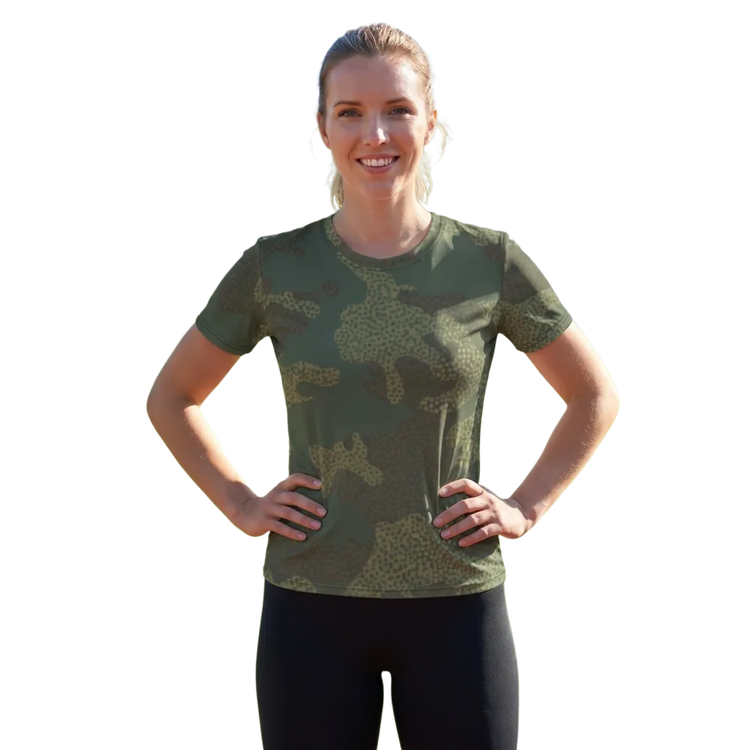Damen Sportshirt mit Allover-Print aus Vier-Wege-Stretch Jersey, in XS bis 2XL, bequemes Sportshirt von BUYATHOME24.