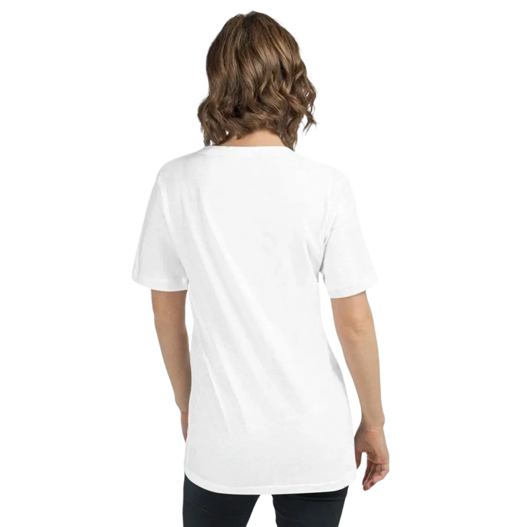 Unisex V-Ausschnitt T-Shirt von BUYATHOME24, Baumwolle, personalisierbar, Damenmodell, in S-2XL, modernes Design, bequem.